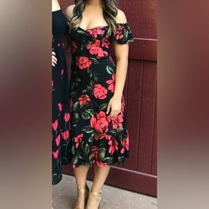 Olivaceous Black and Red Floral Midi Dress
